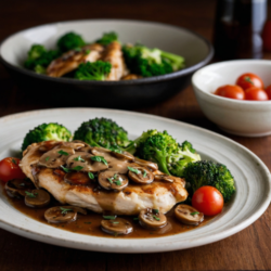 Chicken Marsala with Mozzarella and Broccoli Tomato Salad