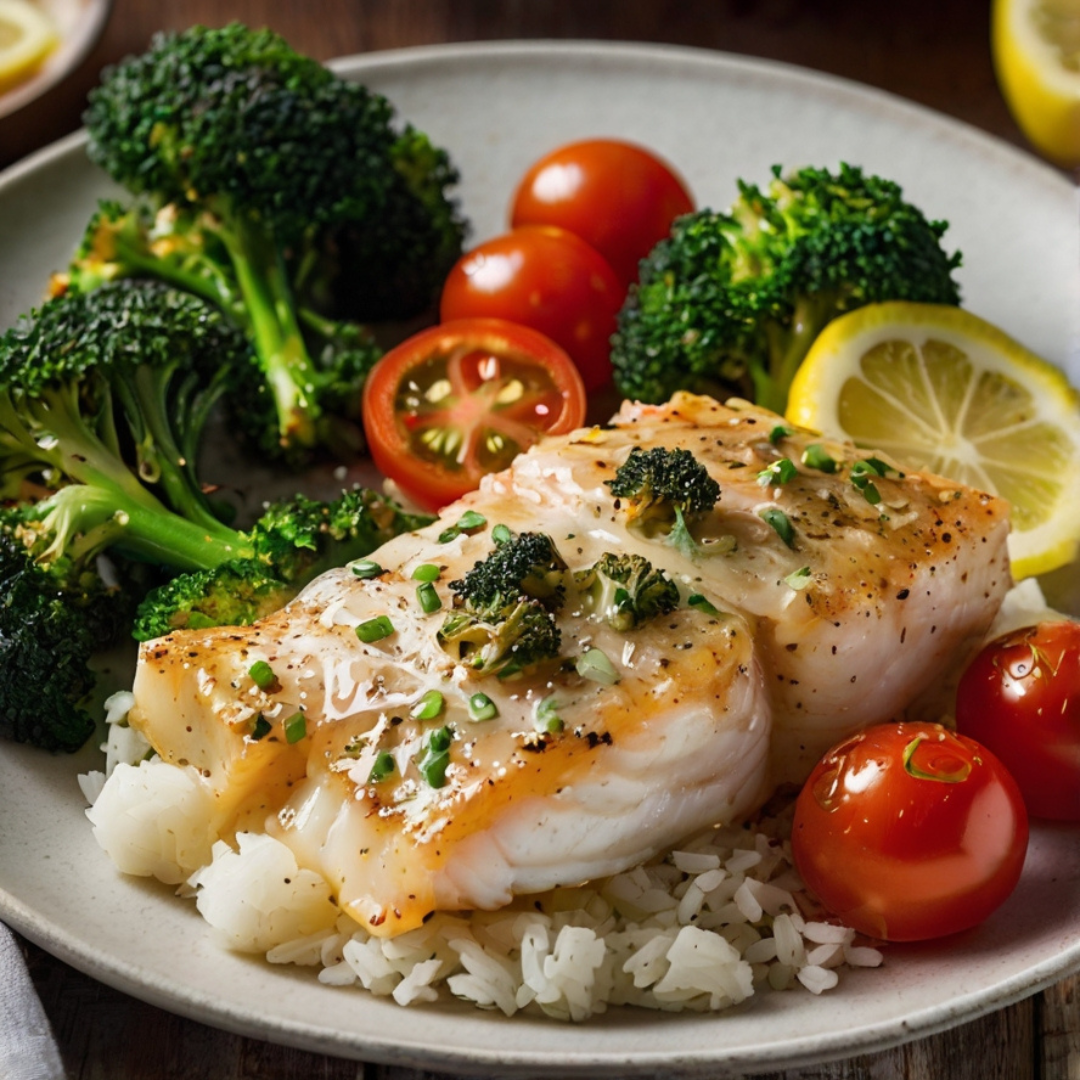 Creamy Lemon Garlic Cod with Steamed Rice & Veggies