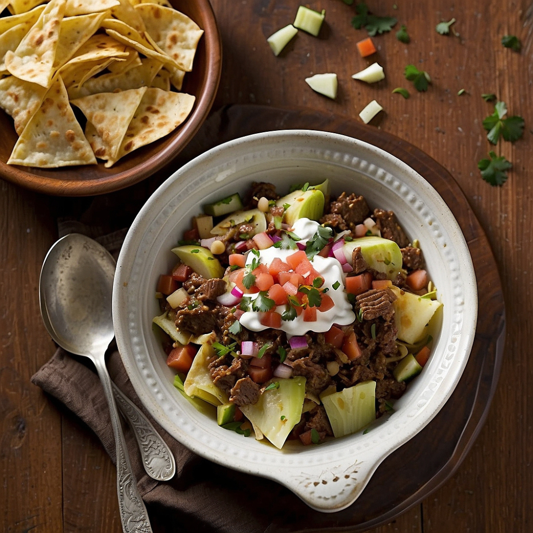 Spiced Beef & Cabbage Skillet with Baked Tortilla Chips