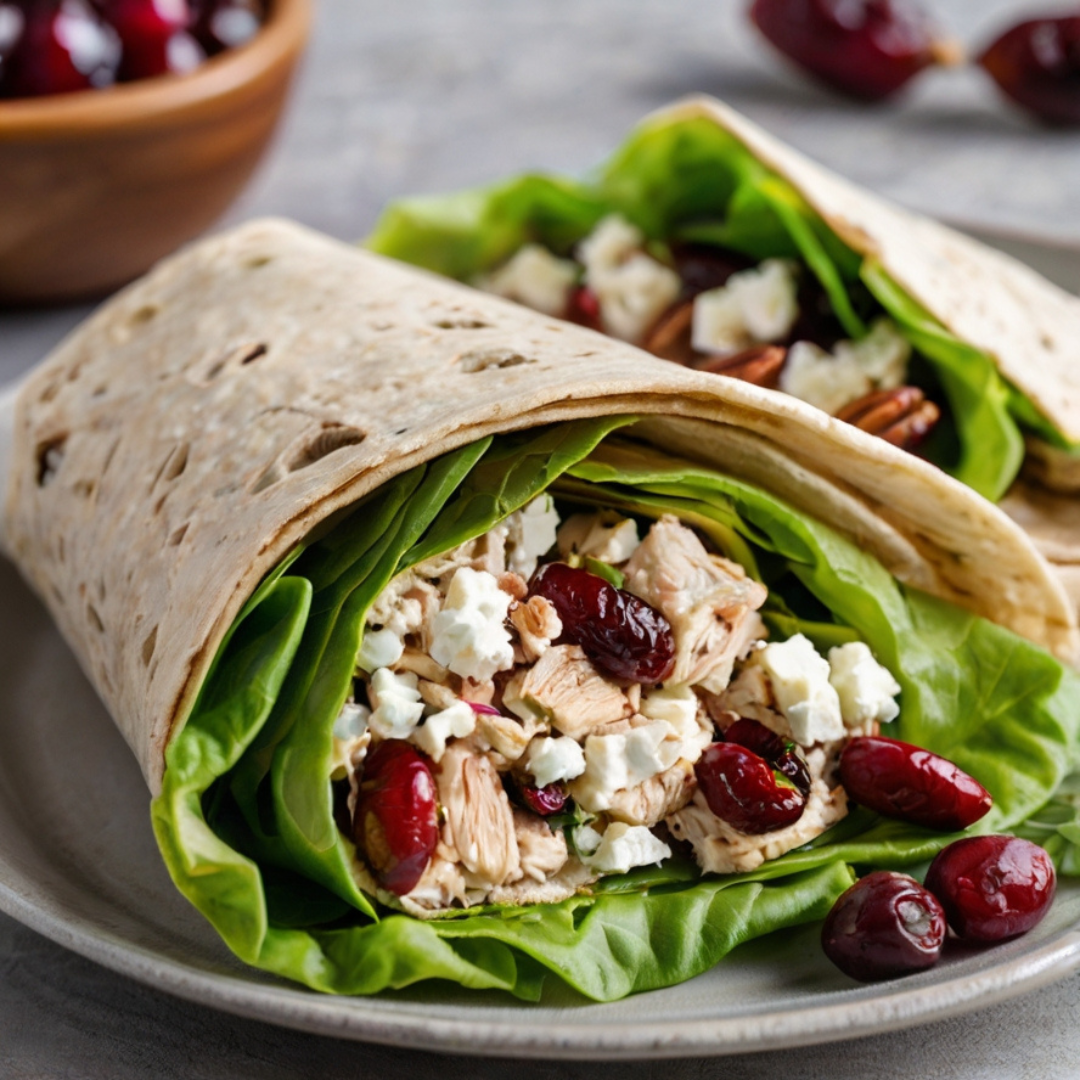 Cranberry Chicken Salad Wraps with Lettuce and Fresh Veggie Sticks