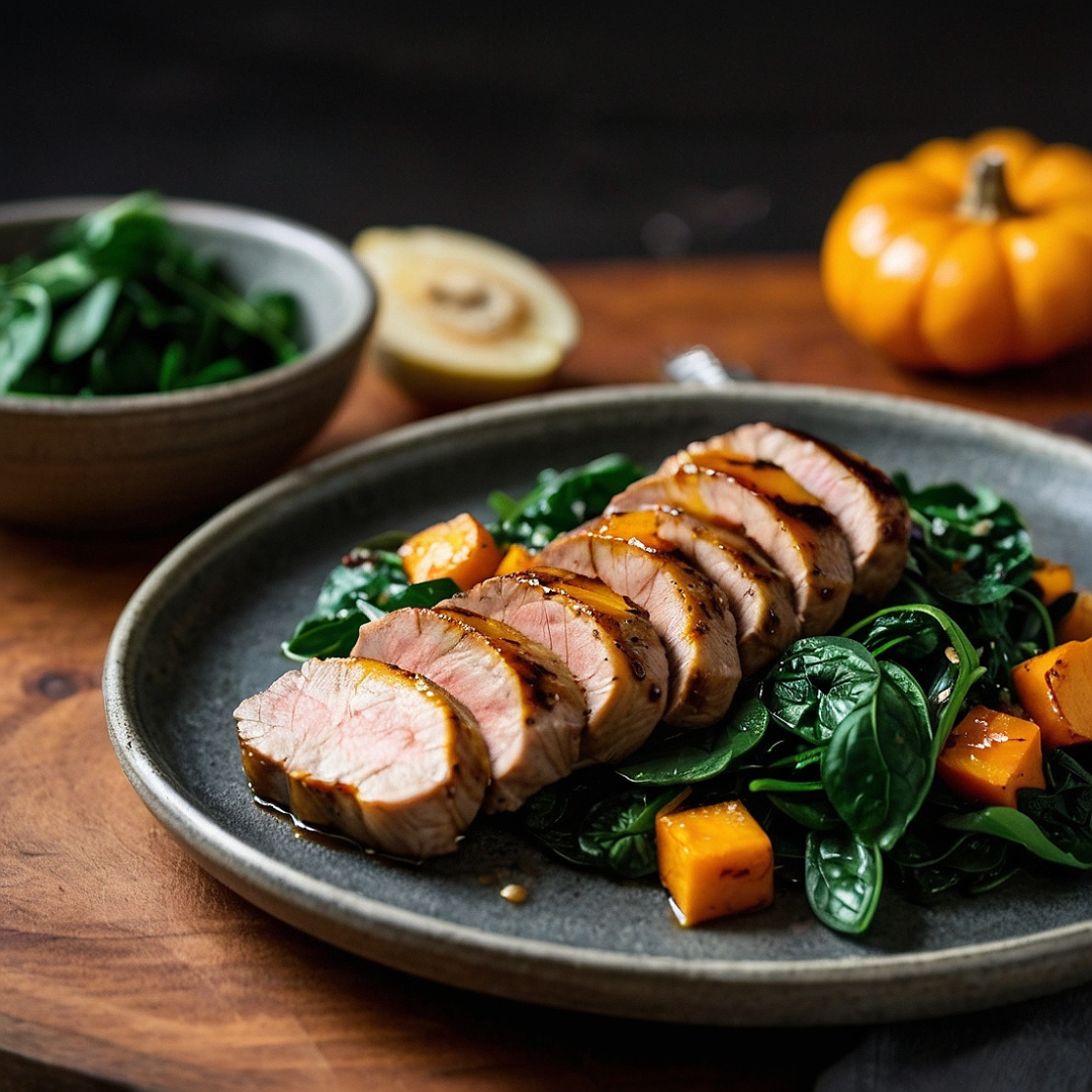 Honey Mustard Pork Tenderloin with Roasted Butternut Squash and Sautéed Spinach