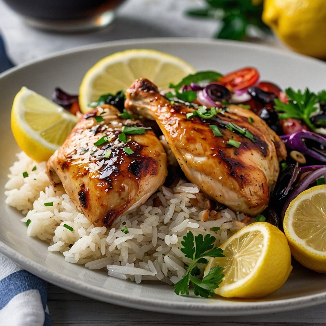 Greek Lemon Chicken with Rice and Side Salad